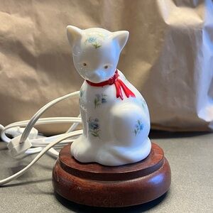 Vintage Bone China Cat Night Light with Red Bow & Flowers